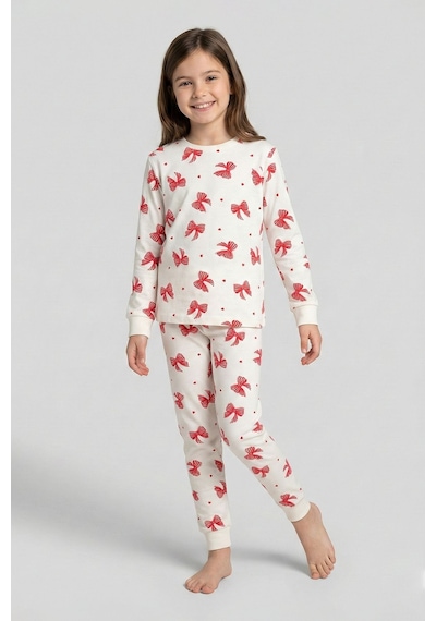Ekru Renk Kırmızı Fiyonk Baskılı Kız Çocuk Pijama Takımı Ekru