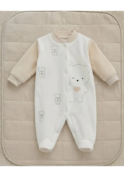 Genel Markalar Unisex Bebek Bej Ayıcık Detaylı Kadife Patikli Tulum