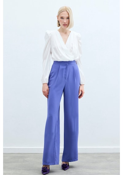 Sateen Pileli Krep Pantolon - Mor-133393 Mor