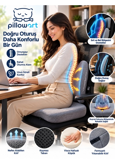 Pillowart Ortopedik Visco Minder 2 Li Set Ergonomik Sırt Bel Desteği Ve Kuyruk Sokumu Destekli Oturma Minderi