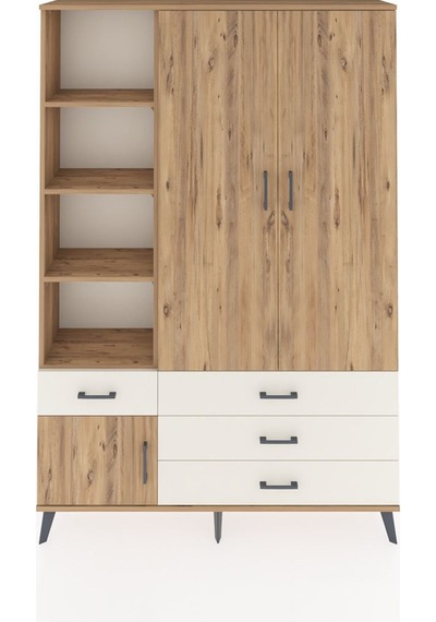 Arges Dolap 5 Raflı 4 Çekmeceli Tek Askılı 132x30x195 Çam-çam... Çam