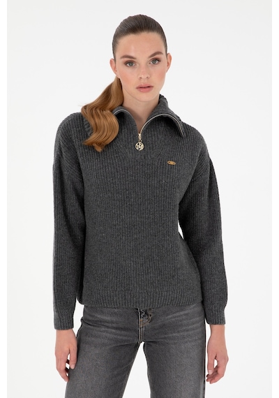 U.S. Polo Assn. Kadın Antrasit Melanj V Yaka Fermuarlı Kazak 50297086-VR081