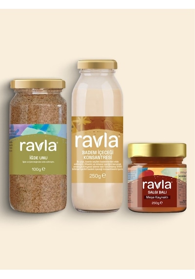3'lü Ürün - Ravla Badem İçeceği Konsantresi - 250g /ravla Salgı Balı Meşe Kaynaklı - 250g/ravla İğde Unu 100g