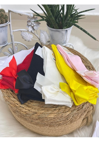 Shopiolog Kurdela Detaylı Kız Çocuk Diz Altı Pamuklu Çorap 6'lı Set Beyaz-