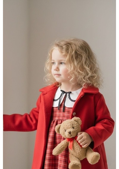 Mnk Baby & Kids Kaşe Ceketli Kız Çocuk Ekose Kumaş Nakış Yaka Elbise M00796 Kırmızı