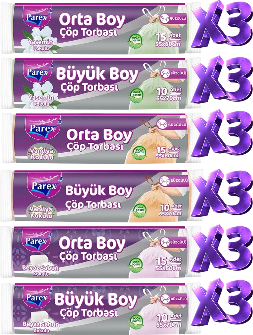 Orta Ve Büyük Boy Büzgülü Kokulu 18 Paket Çöp Torbası Seti