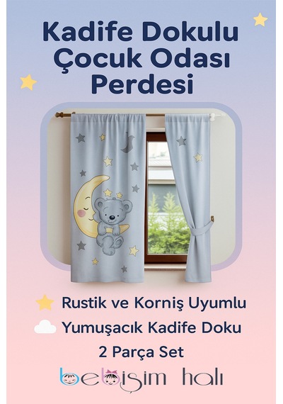 Sevimli Ayda Oturan Kız Çift Kanatlı Çocuk Odası Fon Perde