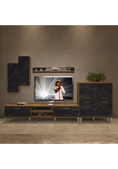 Decoraktiv Eko 6 Mdf Dvd Krom Ayaklı Tv Ünitesi Tv Sehpası Pera - Siyah Mermer