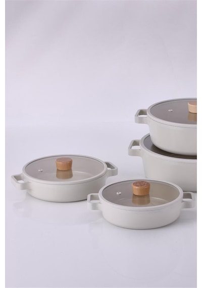 Neoflam Fika Cam Kapaklı Alüminyum 2'li Sahan Set 20 - 22cm Bej