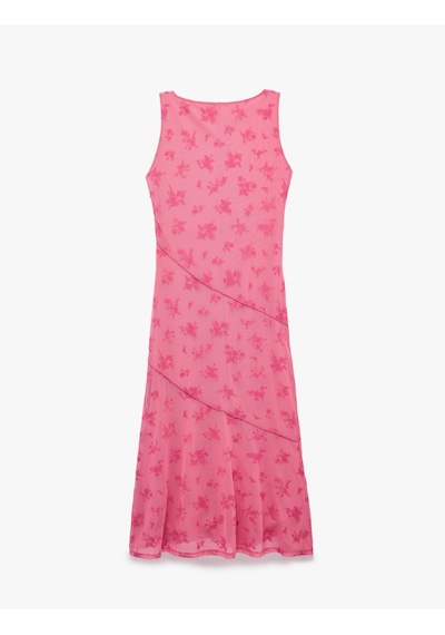 Koton Kayık Yaka Kolsuz Slim Fit Tül Elbise Pembe Desenli 7wal80017ık