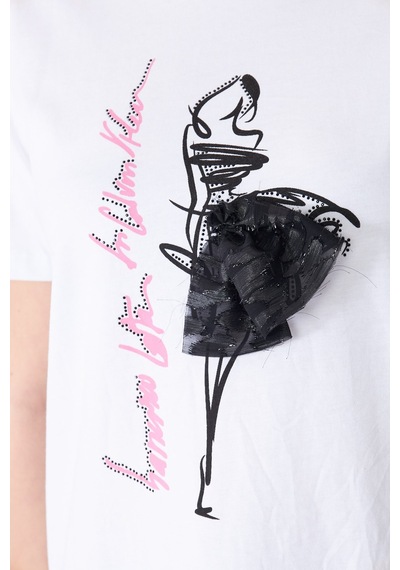 Sortie Collection Eteği Tül Detaylı Silüet Baskılı Basic Tshirt Beyaz
