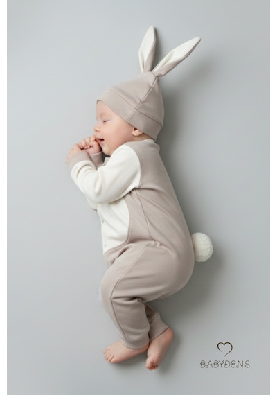 Babyden's Bebek Tavşanlı Tulum Şapka Set %100 Pamuklu Çıtçıtlı,ayarlanır Ponponlu Unisex Yenidoğan Tulum Seti Bej
