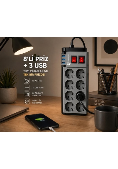 Lexroo Suwors Akım Korumalı 8 Li Grup Priz 2 Metre 3 Usb Girişli Anahtarlı Çoklu Uzatma Kablosu Diğer