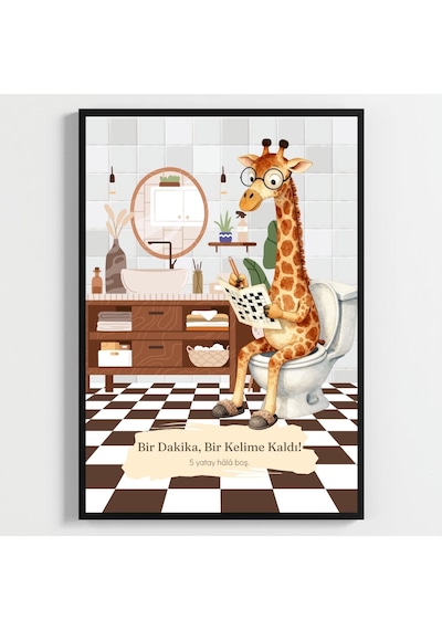 Besay Bulmacacı Zürafa Eğlenceli Banyo Ve Tuvalet Duvar Dekorasyonu Gözlüklü Ve Kalemli Komik Hayvan Poster Tablo A4 Tekl