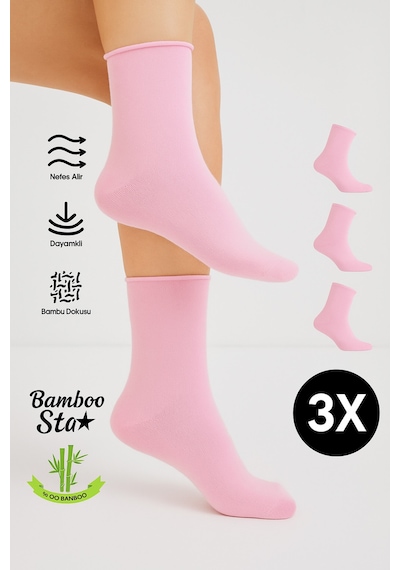 Bamboo Star Bambu Kadın Lastiksiz Pembe Soket Dikişsiz Premium Çorap 3'lü Paket / Sıkmayan Çorap / İz Bırakmaz
