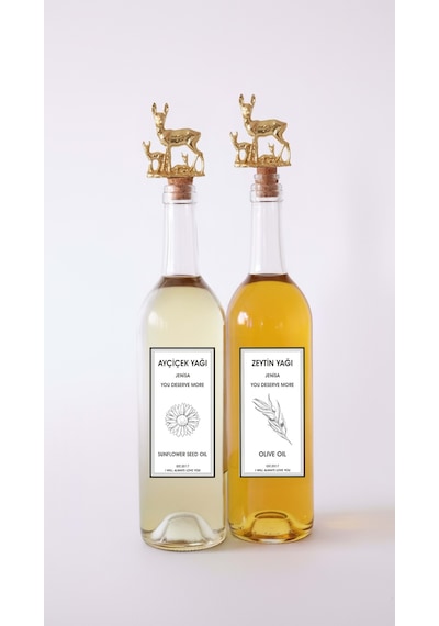 Altın Geyik Ailesi Akıtmaz Tıpalı Dibi Çukur Şeffaf Cam Şişe 2'li 750 Ml Yağdanlık Yağlık Şeffaf