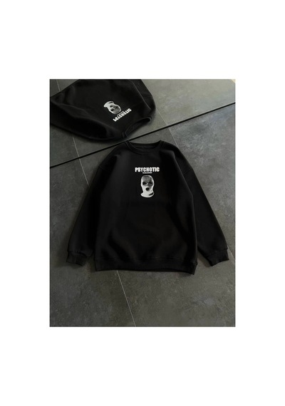 Kadın 3 İplik Kışlık Bisiklet Yaka Baskılı Sweatshirt - Siyah