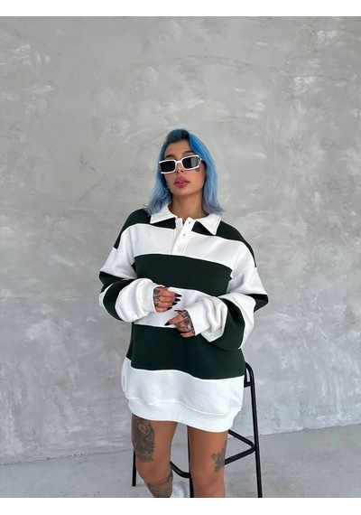 Kadın 3 İplik Pamuklu Parçalı Yakalı Sweatshirt - Yeşil YESIL