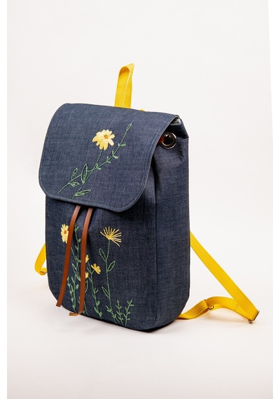 Fabric Craft Bag Sırt Çantası Kot Kumaş Çiçek Nakışlı Büzgülü Kot