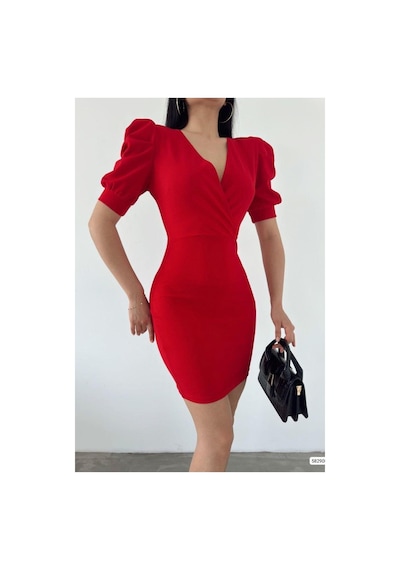 DefyModa Kadın Krep Kumaş Kruvaze Yaka Kısa Kollu Abiye Elbise Kırmızı
