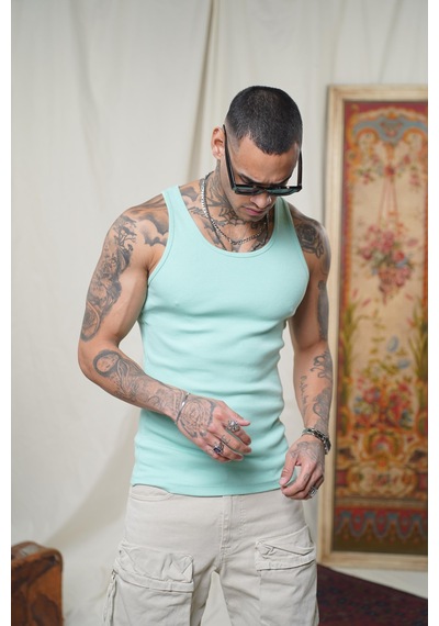 Slim Fit Kaşkorseli Esnek Düz Erkek Sporcu Atlet Mint Yeşili