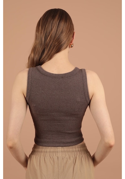 Chıcnhappy Kaşkorse Kumaş Halter Yaka Kadın Bluz Koyu Kahve - Kadın