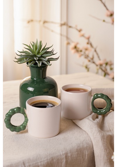 Keramika Krem İnci Kupa Yeşil Kulplu 8 Cm 2 Adet 030-310