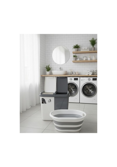 60 Lt İki Bölmeli Kirli Çamaşır Sepeti & 27 Lt Katlanabilir Sele Takımı Banyo Düzenleyici Takım Gri - 833547199 Gri
