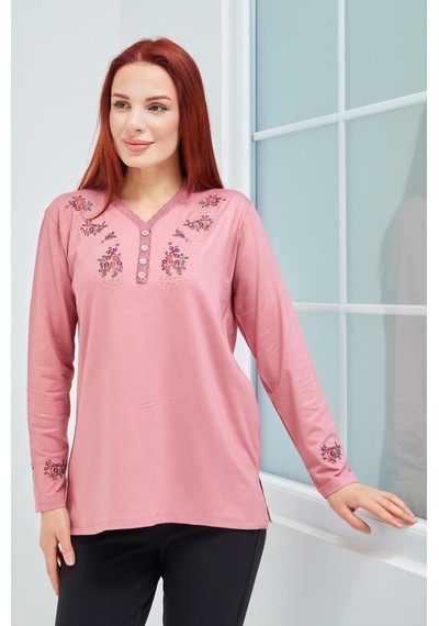 Fresh & Moda Fresh&moda Kadın Pembe V Yaka Düğmeli Çiçekli Likralı Anne Penye 001