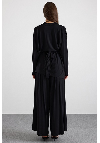 Olcay Asimetrik Kesim Şalvar Pantolon Kimono Takım Siyah 9475-tk