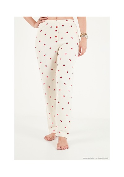 Lela Desenli Yumuşak Dokulu Yarım Fermuarlı Dik Yaka Pijama Takımı Kadın Pijama Takımı 6575017 Krem