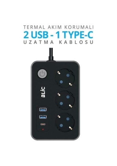 Akım Korumalı Priz, 3x Priz Soketi, 2x Usb Girişi, 1x Type-c Girişi, Tasarruflu Uzatma Kablosu, Çocuk Korumalı Ada 0