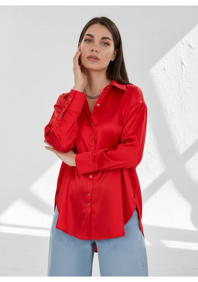 Pera Moda Kadın Salaş Oversize Kesim İpek Saten Gömlek Kırmızı