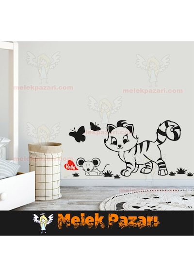 Sevimli Kedi Ve Fare Çocuk Odası Duvar Sticker