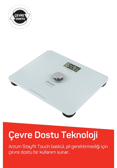 Arzum AR5126 Stayfit Touch Cam Beyaz Baskül, Pilsiz Kullanım, 180 Kg’a Kadar Ölçüm Kapasitesi, Beyaz