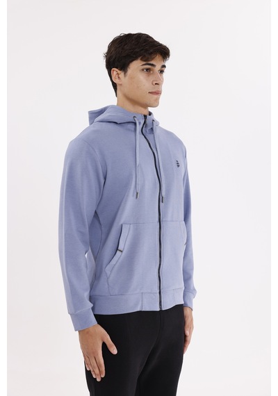 Rowinger Metal Uçlu Kordonlu Tam Fermuarlı Bölmeli Ön Cepli Küçük Nakış Logolu Rahat Kalıp Mevsimlik Kapüşonlu Sweatshirt Lightblue