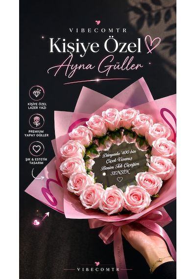 Kişiye Özel Aynalı Pembe Gül Buketi Yapay Solmayan Güllü Romantik Hediye Sevgiliye Özel Notlu -