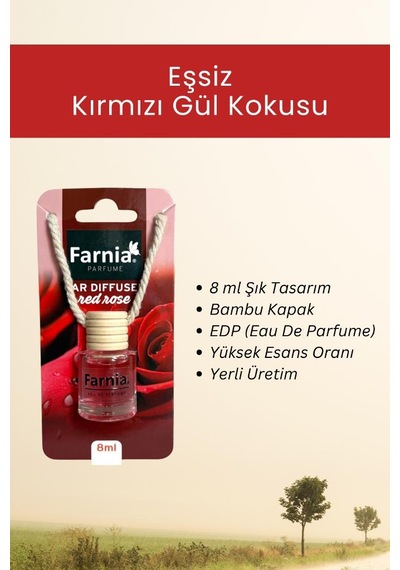 Farnia Yüksek Esanslı Askılı Araç Kokusu Edp Parfüm Kırmızı Gül 8 Ml