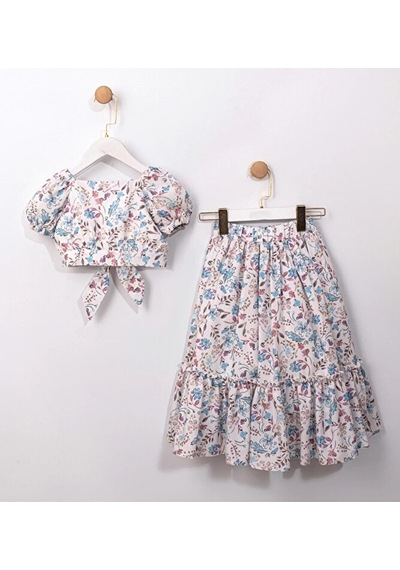 Ministok Alice Çiçek Desenli Kız Çocuk Crop Blüz Etek Takım Mavi