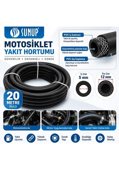 Sn-38807 20 Metre 12mm Motosiklet Araç Yakıt Hortumu Rulo Esnek Güçlendirilmiş