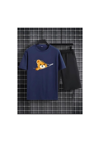 Medinenur Fermuar Ayıcık Desen Baskılı T-shirt Short Bol Paça Rahat Kalıp Siyah Alt Siyah Üst Short Takım Lacivert