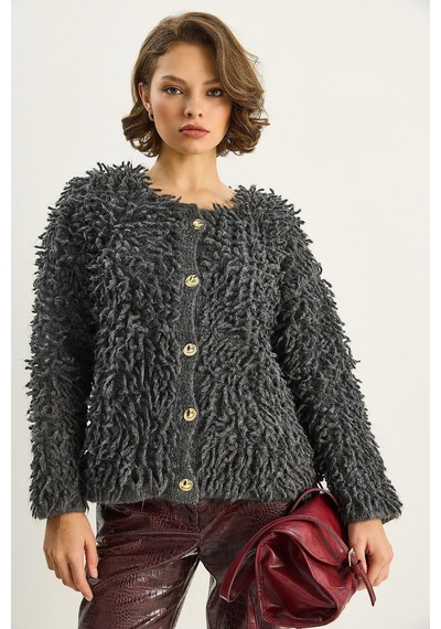 Shade Kadın Oversize Saçaklı Triko Hırka 9062 60283750 - Antrasit