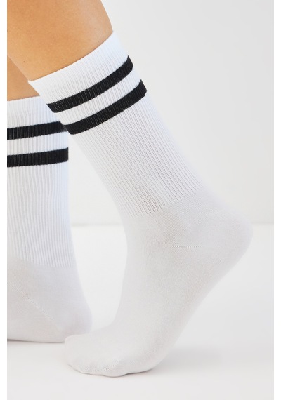 Bamboo Star Bambu Tenis Çizgili Premium Kolej Çorabı Unisex Beyaz Dikişsiz Soket Çorap 3'lü Paket