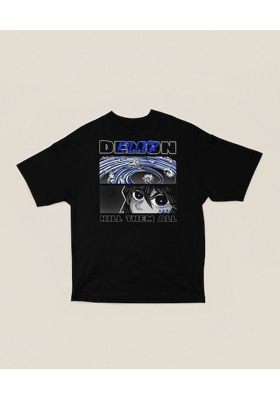 Demon Killer Kill Them All Baskılı Unisex Anime Karakter Tişört Siyah
