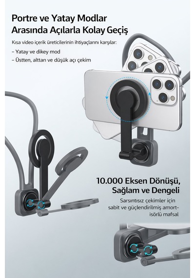 Exenar - Gri - Manyetik Boyun Telefon Tutucu Magsafe Portatif Boyun Askısı Video Çekim Aparat 360 Ayarlanabilir Açık Gri Exenar - Gri - Manyetik Boyun Telefon Tutucu Magsafe Portatif Boyun Askısı Video Çekim Aparat 360 Ayarlanabilir Açık Gri
