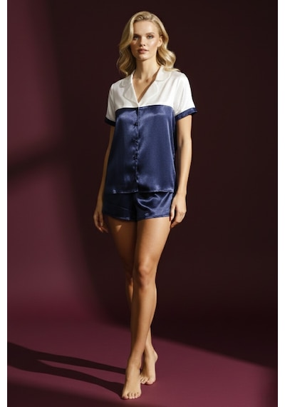 Kadın Lacivert Beyaz Kısa Kollu Saten Şortlu Pijama Takımı Rahat Ve Şık 2 Li Set