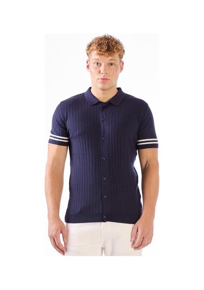 Dufy Lacivert Polo Düğmeli Fitilli Kısa Kollu Slim Fit Erkek Triko Lacivert