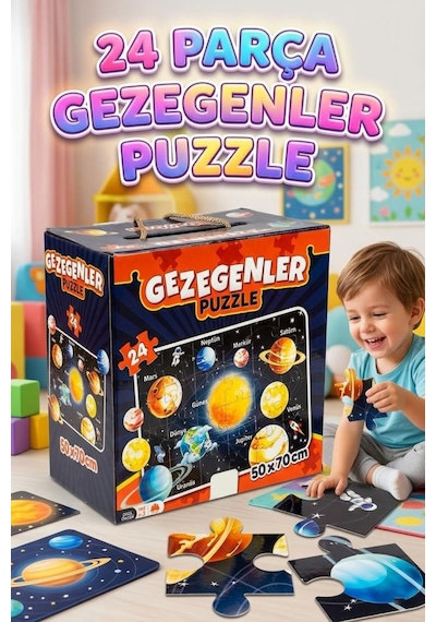 24 Parça Uzay Temalı 50x70cm Gezegenler Puzzle Eğitici Ve Eğlenceli Çocuk Yapboz 1