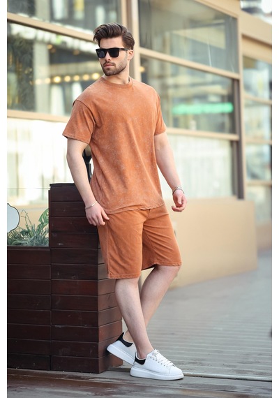 Madmext Kahverengi Basic Erkek Şort T-shirt Takımı E7309