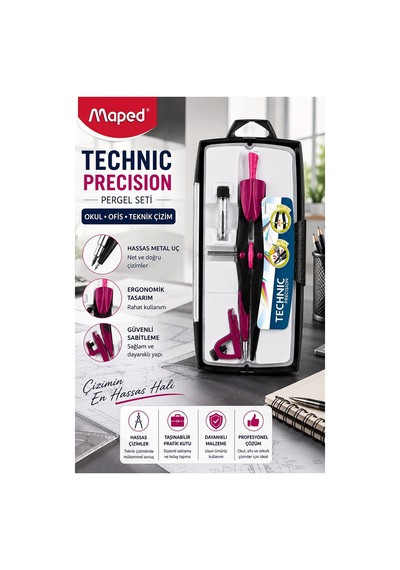 Mor Metal Hassas Pergel Seti 3 Parça 1 Adet Maped 291010 Technic Precision Profesyonel Pergel Proje Mimari Teknik Çizim